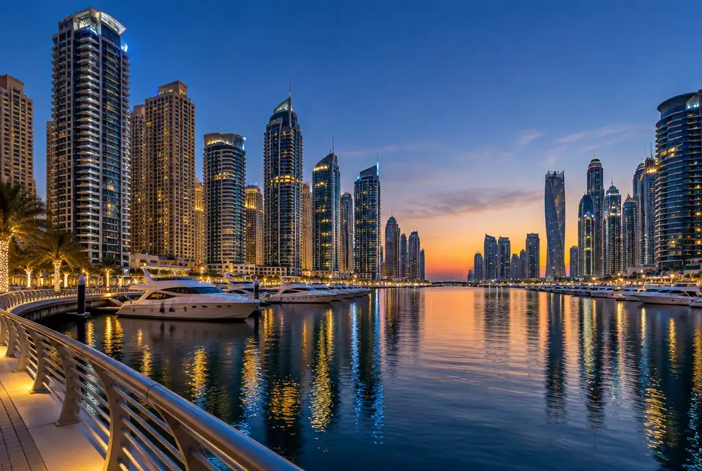 Dubai Marina towers lit at dusk above the water