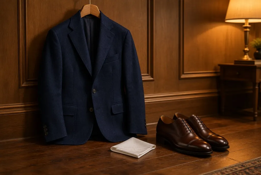 Navy jacket, pocket square and polished shoes laid out before dinner in Mayfair