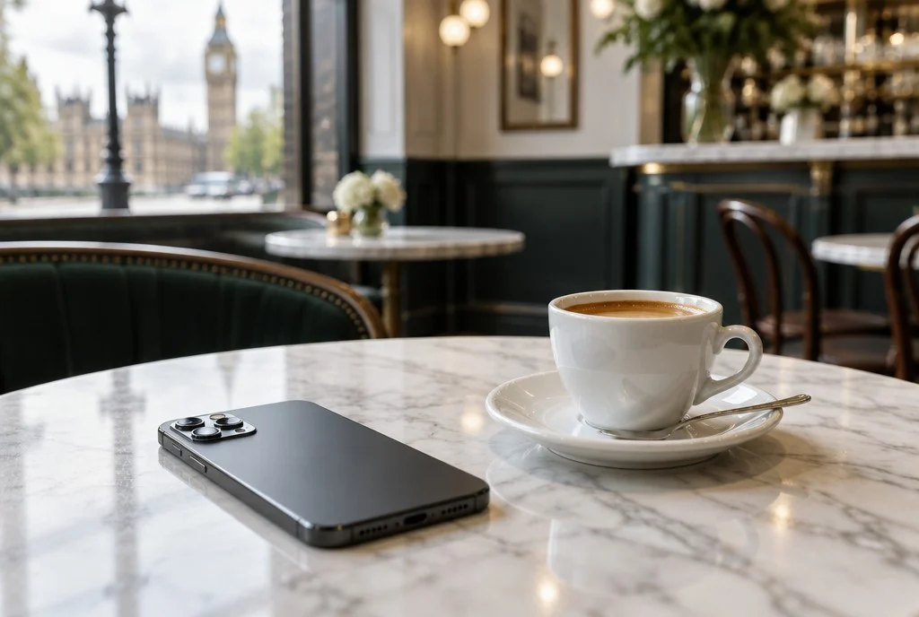 A phone beside an espresso cup on a marble cafe table in London