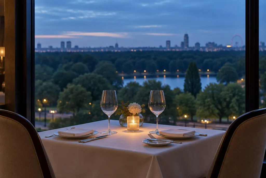 Table for two at dusk beside a window overlooking the trees of Hyde Park in Knightsbridge