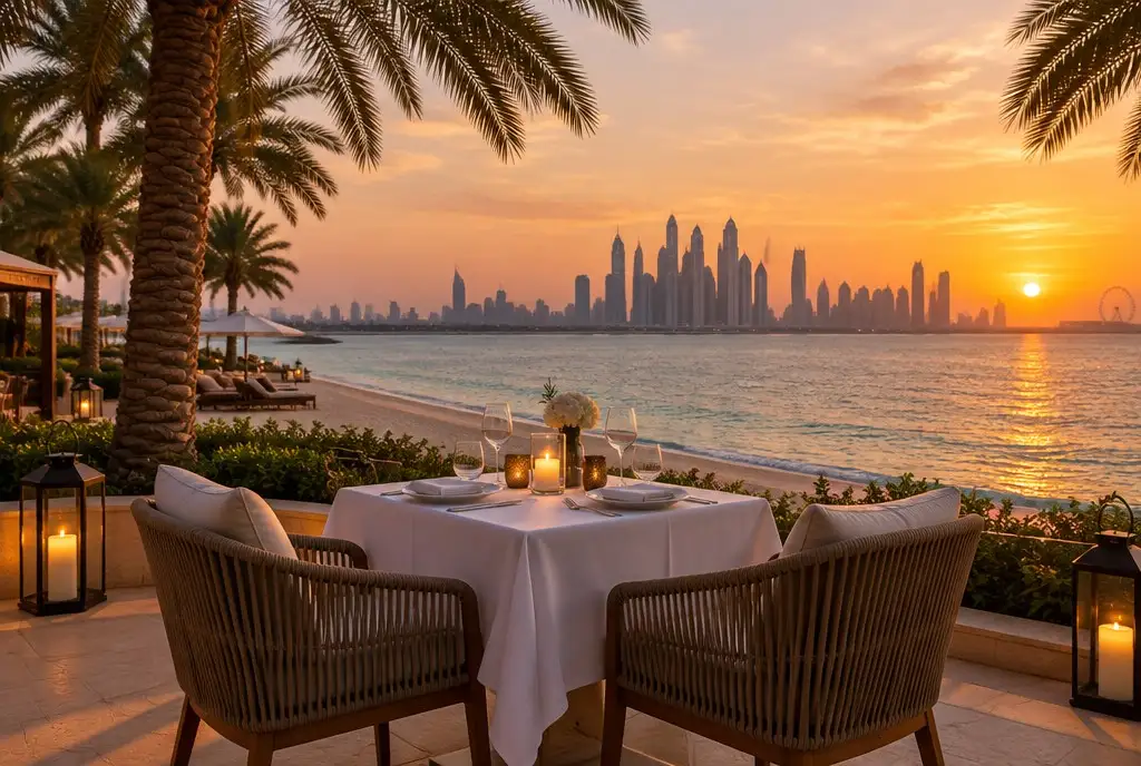 A dinner table for two on a Palm Jumeirah terrace at sunset, with the Marina skyline across the water