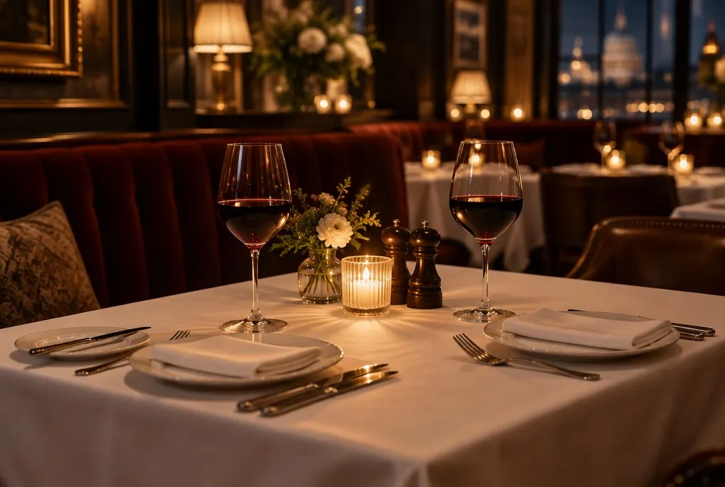 Candlelit restaurant table laid for two