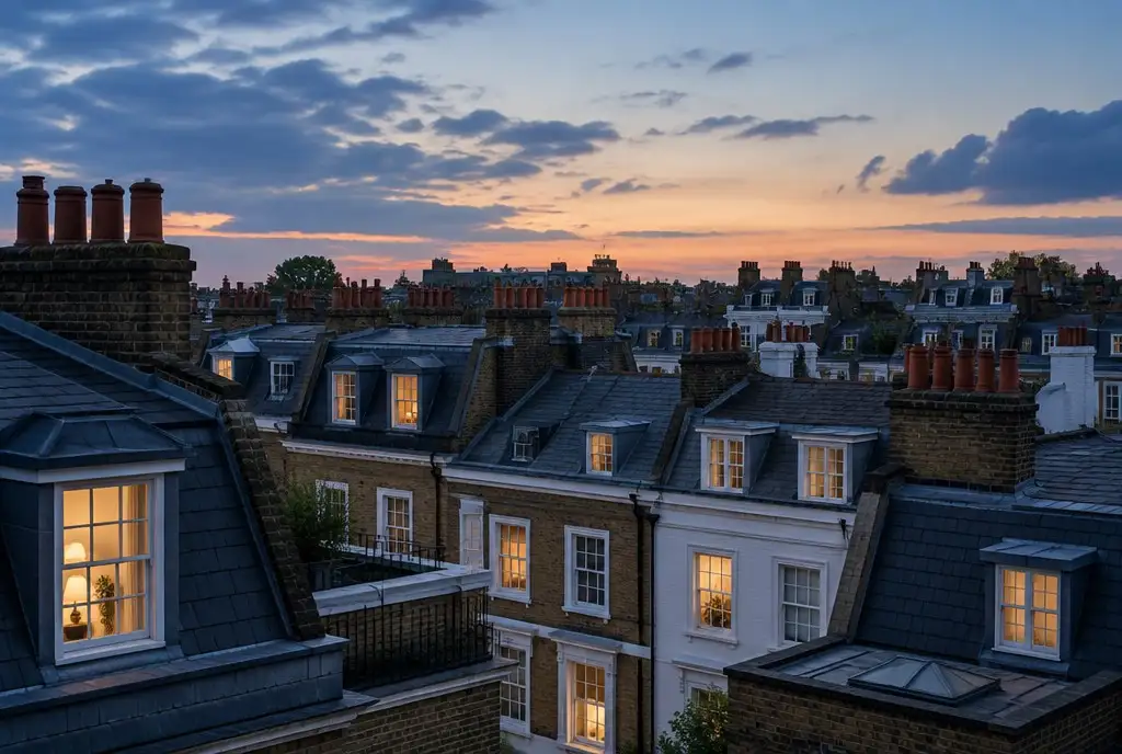 London rooftops at dusk seen from above